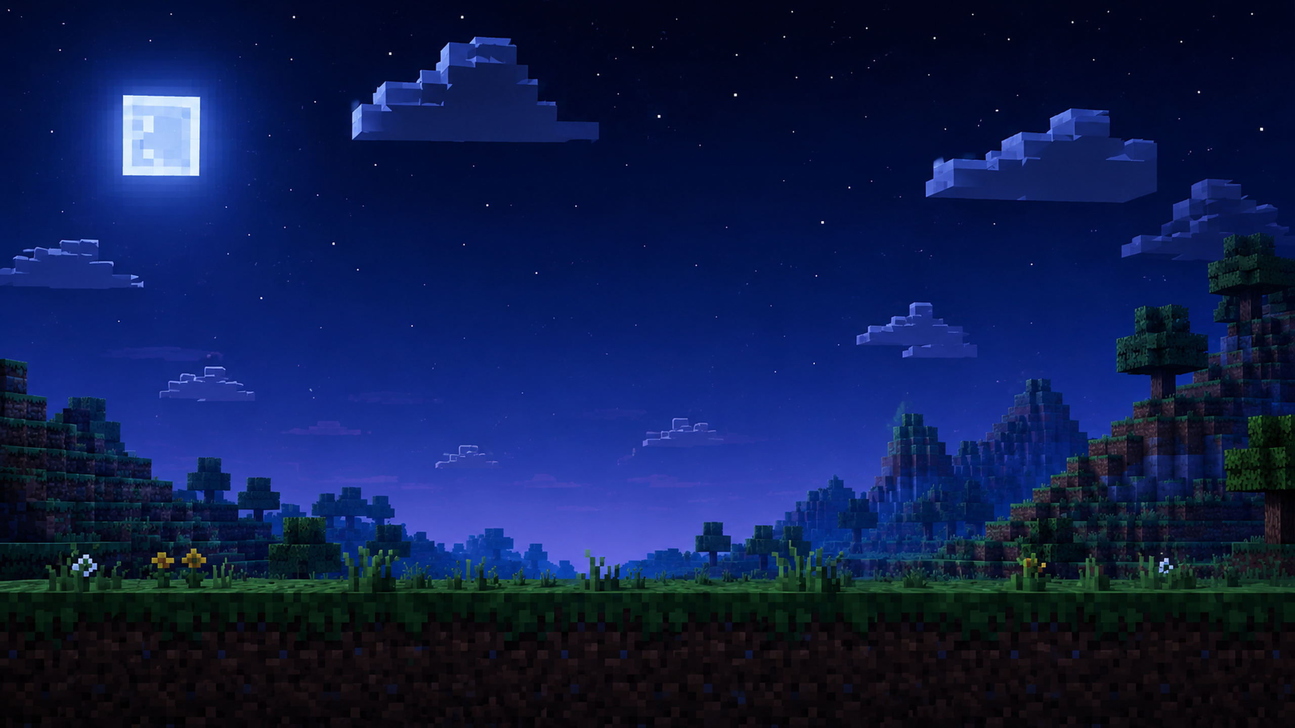 Moonlit Minecraft Overworld at night with square moon, stars, and purple horizon over blocky hills